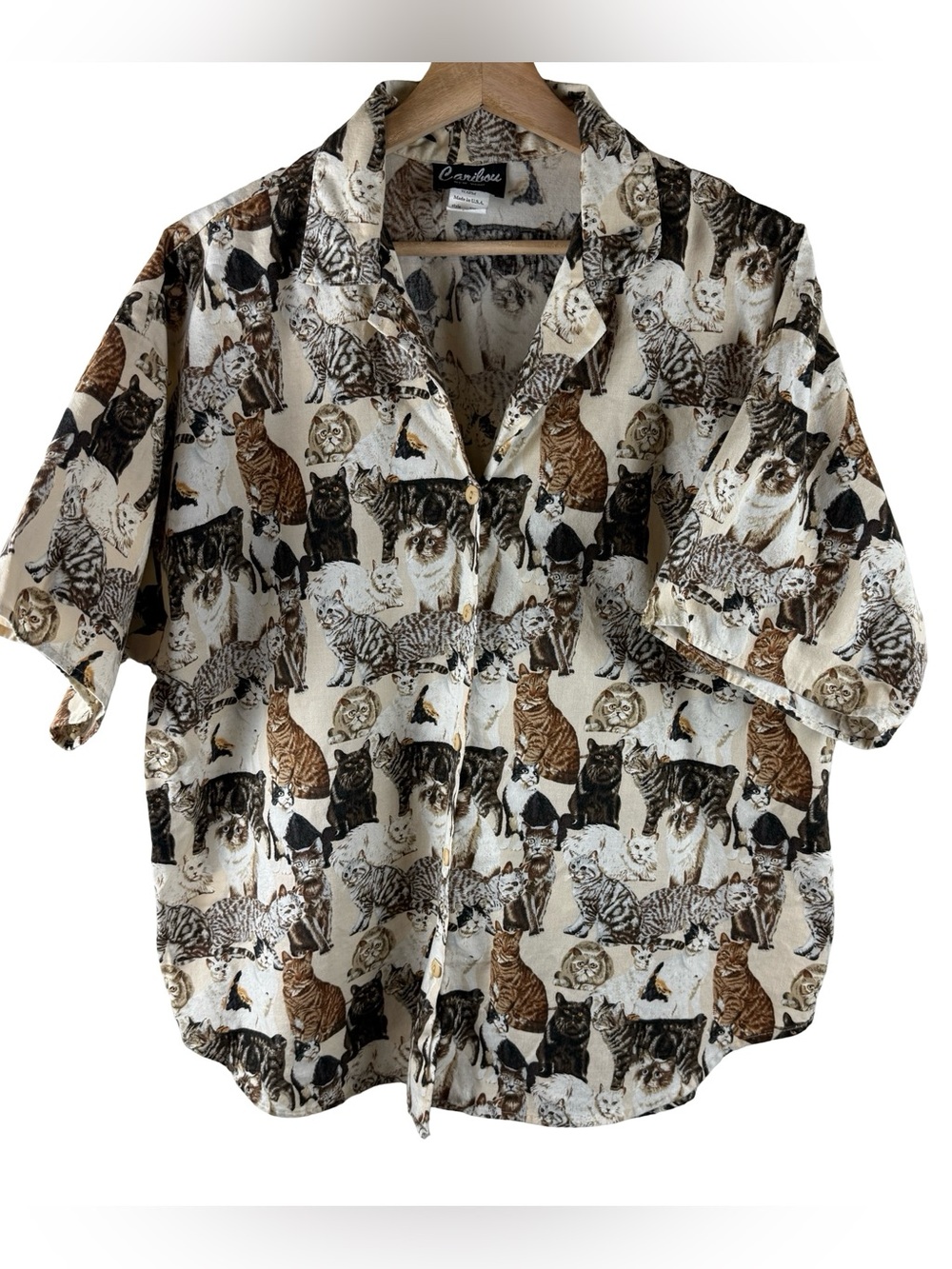Vintage cat print button-down blouse shirt short sleeve 90s plus size 1X